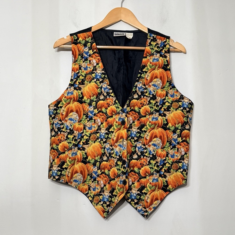 VTG Basic Editions Halloween Vest Fall Pumpkins Teddy Bears 100% Cotton Womens M